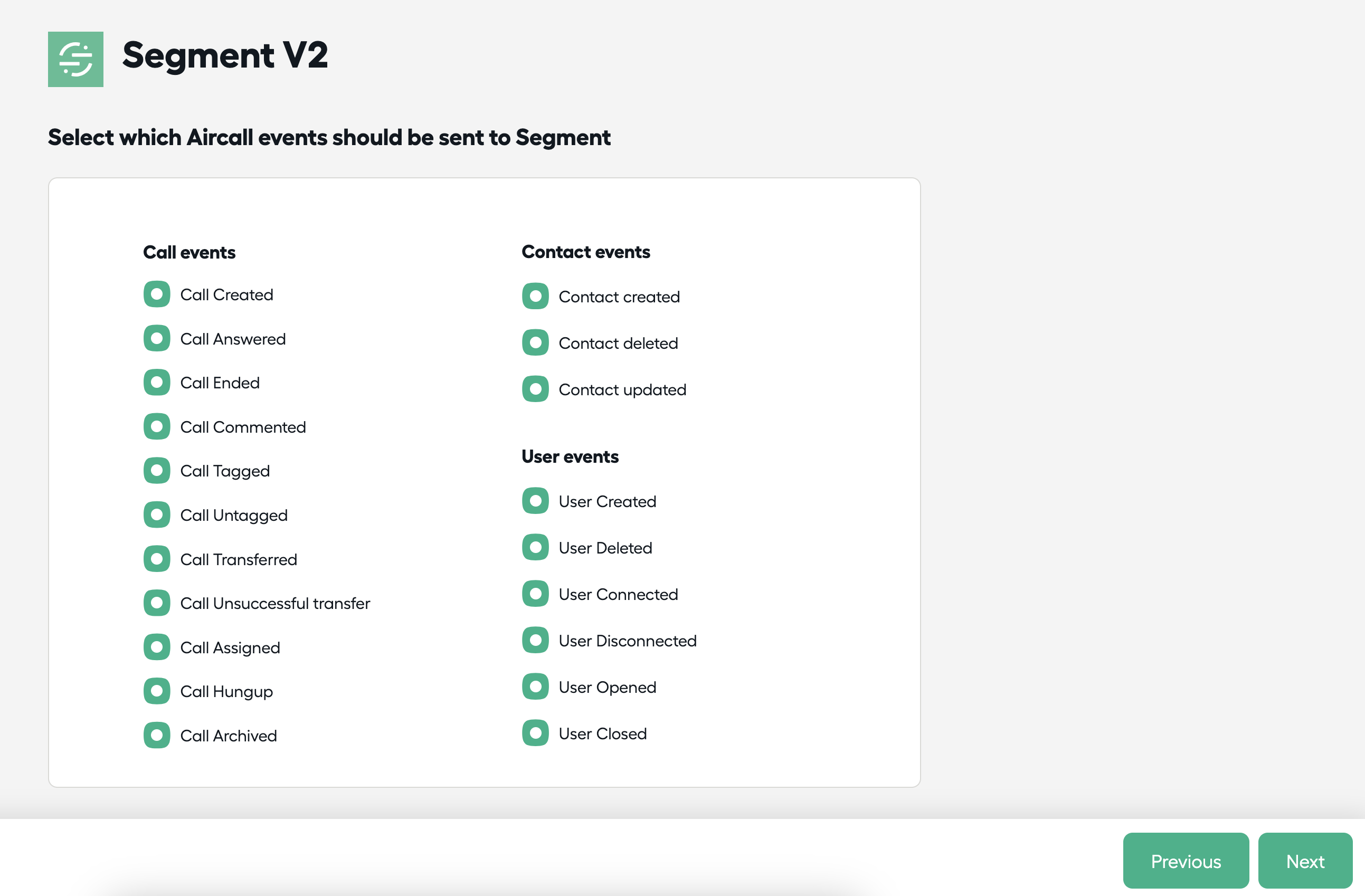 Image showing the screen to choose Aircall events