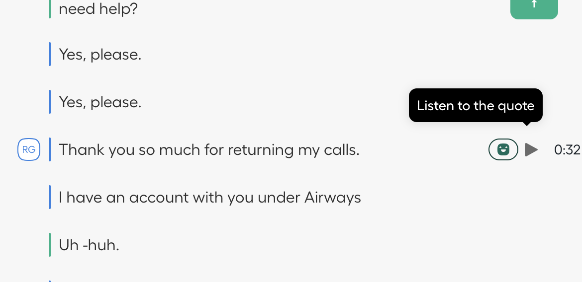 Aircall call transcript interface displaying conversation text with playback option for a specific quote and mood marker..png