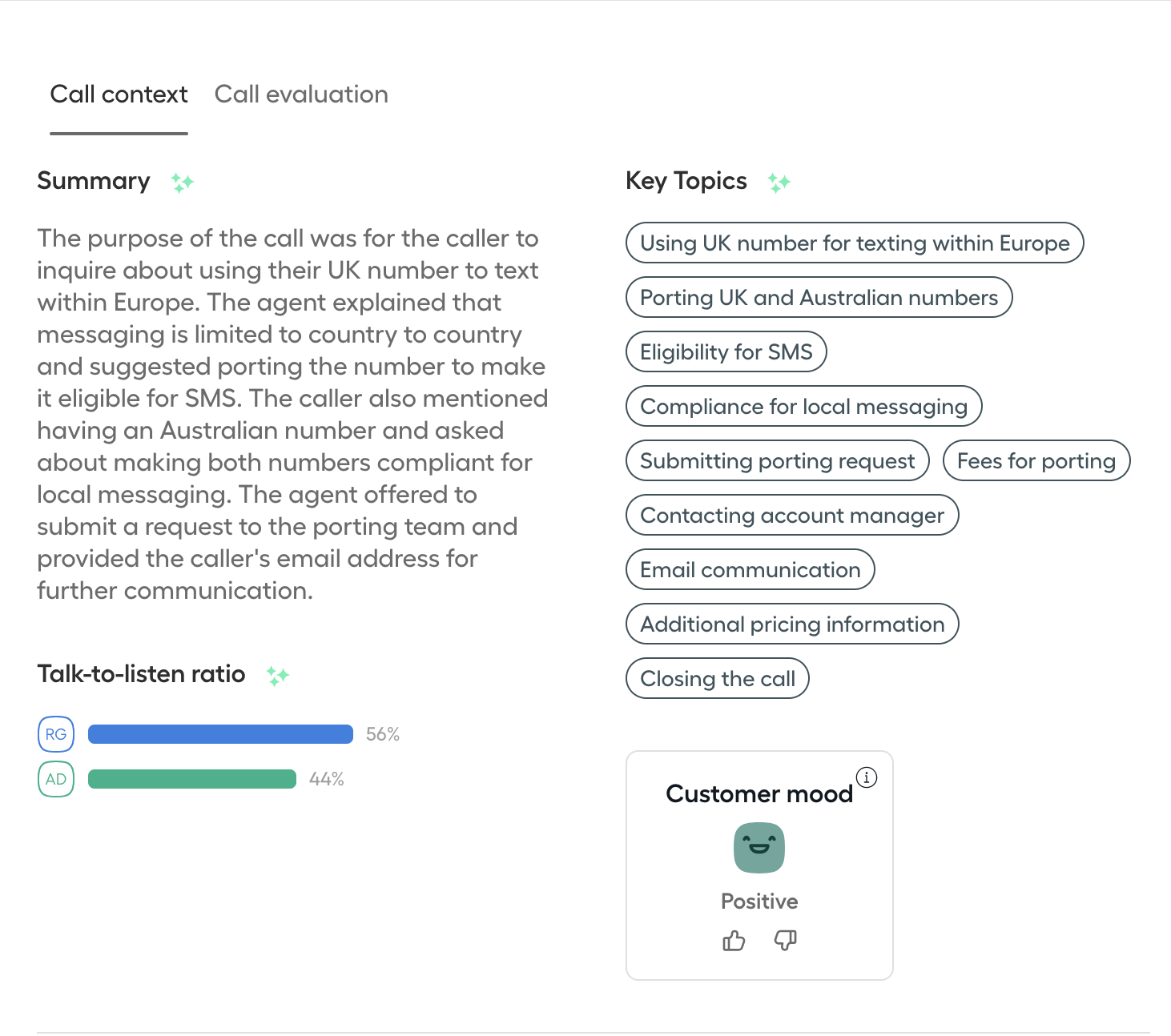 Aircall Conversation Center call details view showing call summary, key topics, talk-to-listen ratio, and customer mood indicator..png