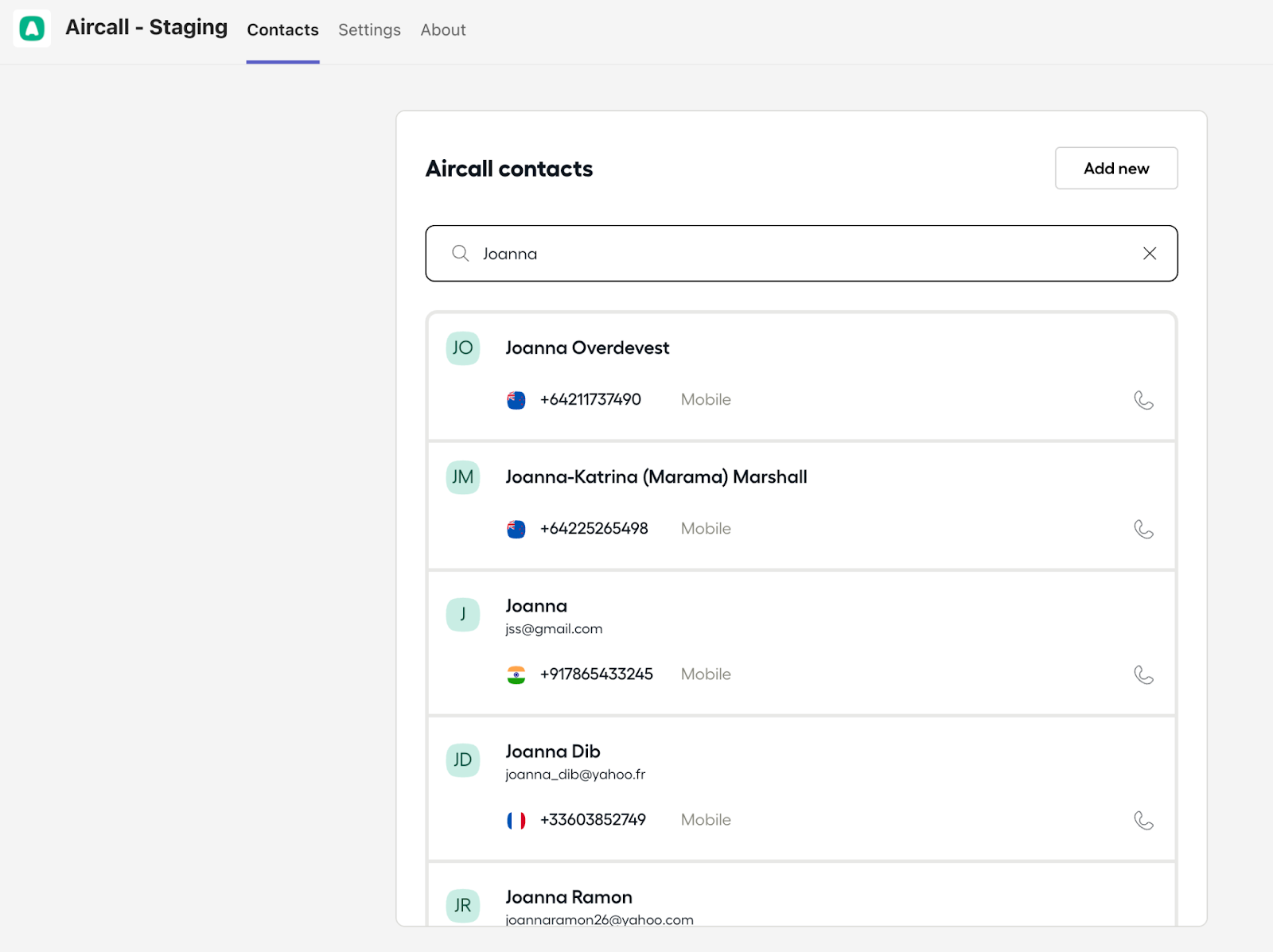 Image showing the Aircall Tab in Teams