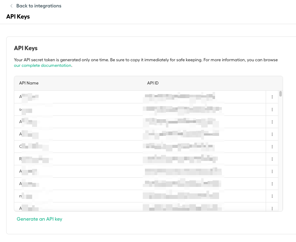 Image showing the API keys tab