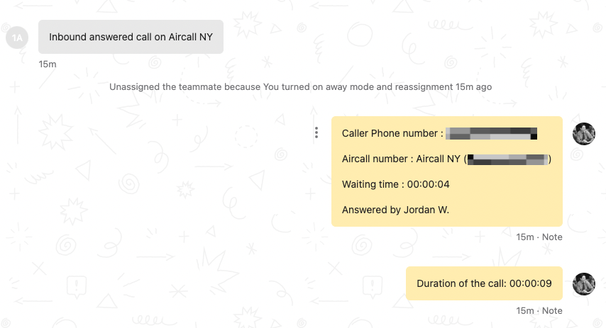 Inbound answered call note in Intercom conversation showing caller number, Aircall line, waiting time, call duration, and agent who answered.
