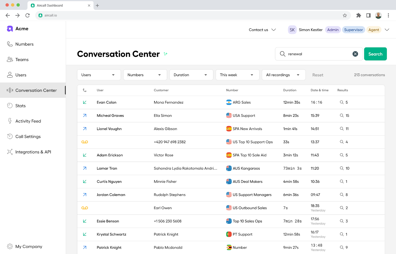 image montrant la recherche dans les transcriptions du conversation center