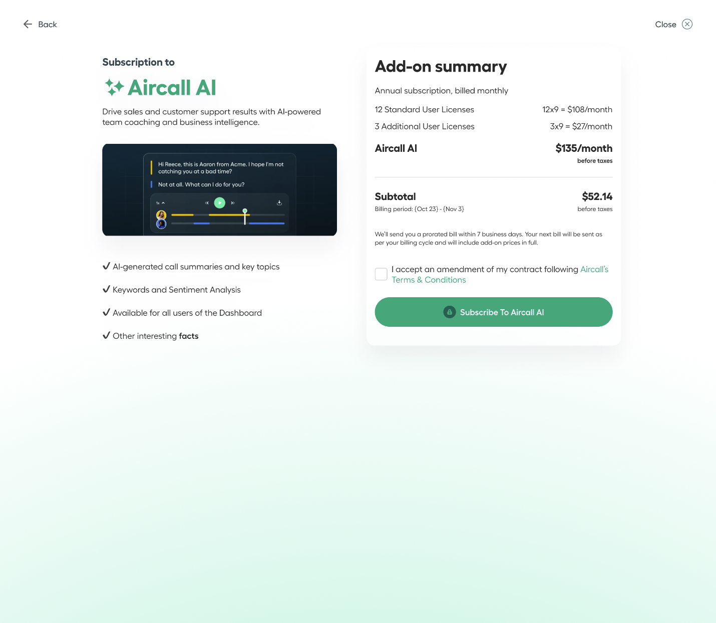 Aircall AI subscription screen showing plan details and pricing summary. Includes AI-generated call summaries, sentiment analysis, and dashboard access. The add-on summary lists 12 standard and 3 additional user licenses totaling $135/month before taxes, with a “Subscribe to Aircall AI” button..png