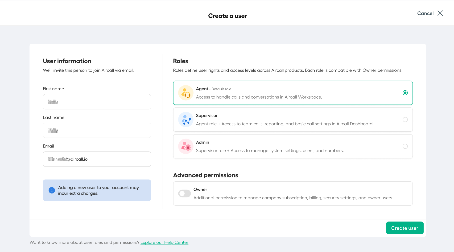 Create a user in the Aircall dashboard showing fields for user details, role selection, and permissions..png