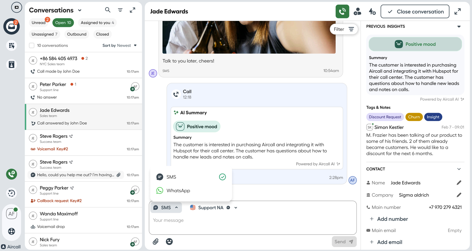An Aircall Workspace conversation screen showing an AI-generated summary of a call with Jade Edwards. The summary includes a positive mood indicator, a short synopsis of the customer’s interest, and relevant tags like Discount Request and Churn. The left panel lists multiple open conversations with other contacts..png