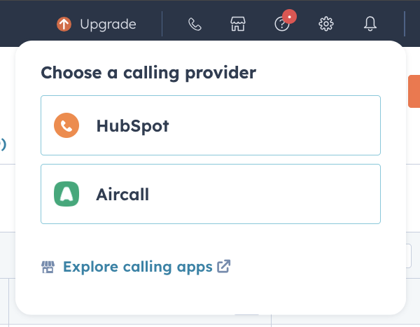 HubSpot calling provider selection menu showing options for HubSpot and Aircall.png