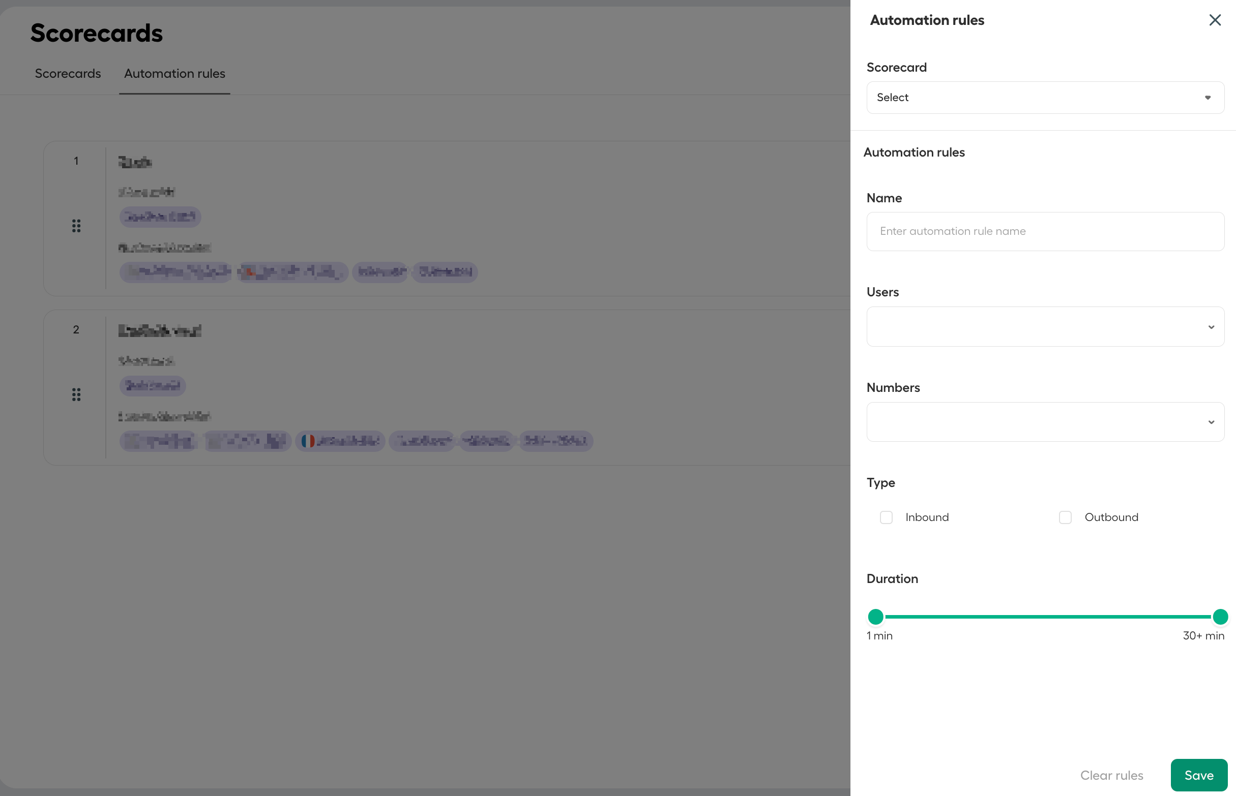 Aircall Scorecards page with Automation rules panel open, allowing users to configure scorecard, users, numbers, call type, and duration