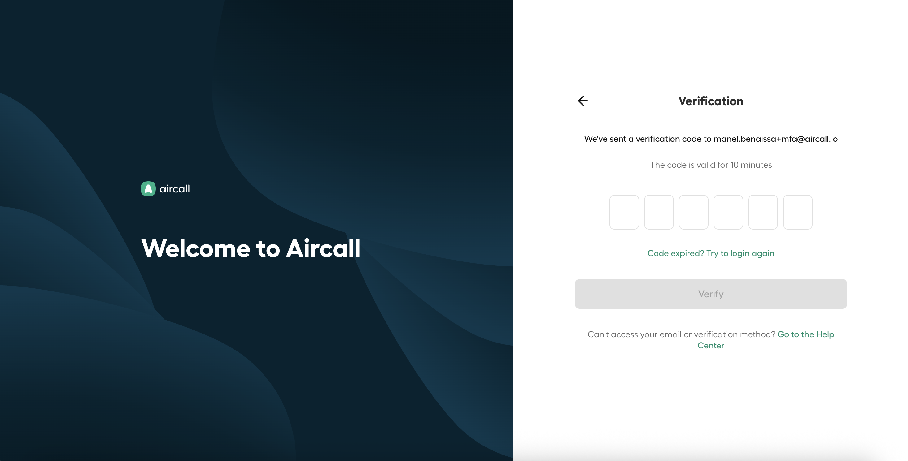Aircall verification screen prompting user to enter a six-digit code sent to their email, showing placeholders for code input and link for help.png
