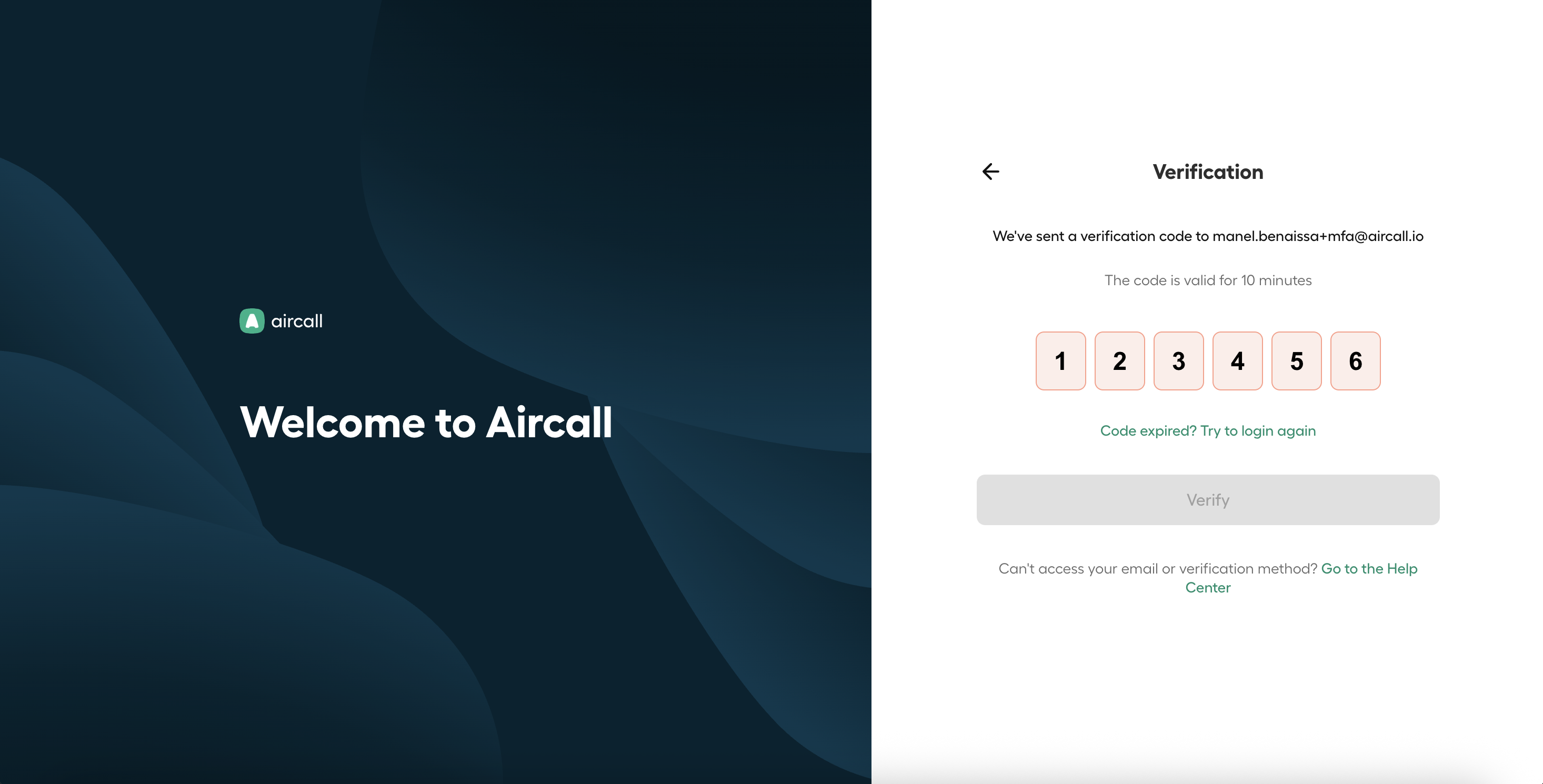 Aircall verification screen with all six digits entered in the verification code input boxes, ready for confirmation
