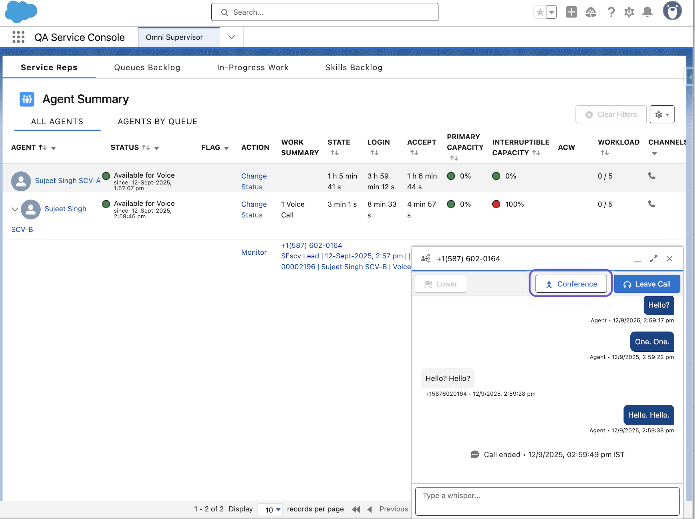Salesforce Omni Supervisor Agent Summary showing two agents available for voice, with an active call and “Conference” option highlighted..png