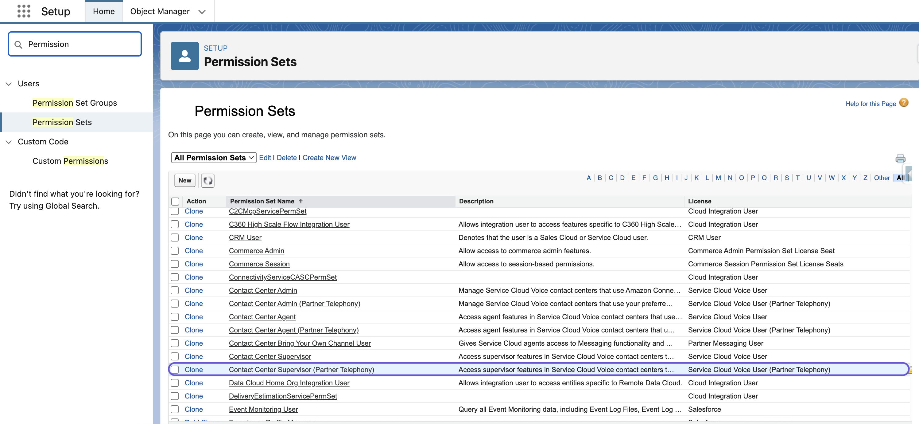 Here’s a concise Zendesk-style alt text for this image:  **Short alt text:** Salesforce Setup page showing the list of Permission Sets, highlighting “Contact Center Supervisor (Partner Telephony)” entry..png