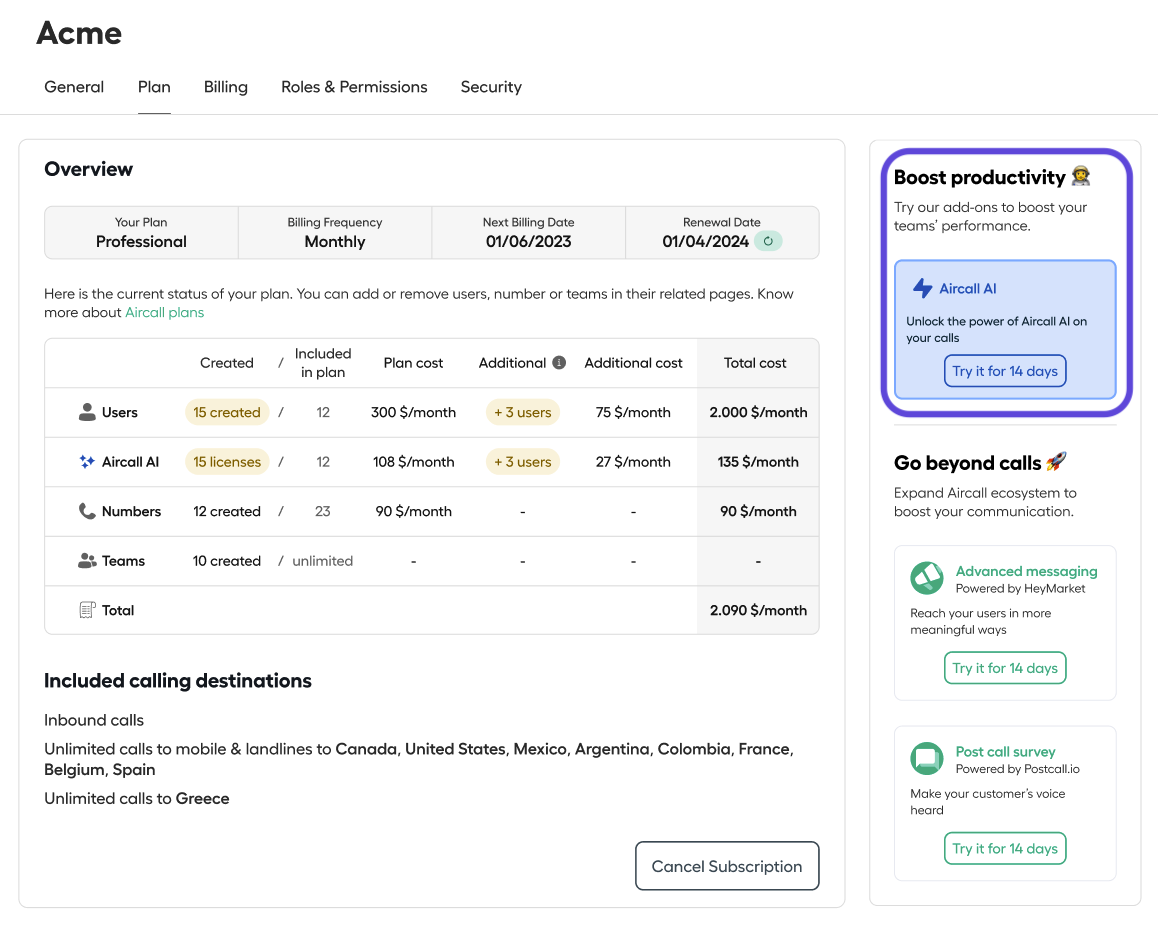 Subscription plan page for the company “Acme” in Aircall, showing the Professional plan with details on users, AI licenses, numbers, and costs, along with sidebar options promoting add-ons like Aircall AI, Advanced Messaging, and Post Call Survey..png