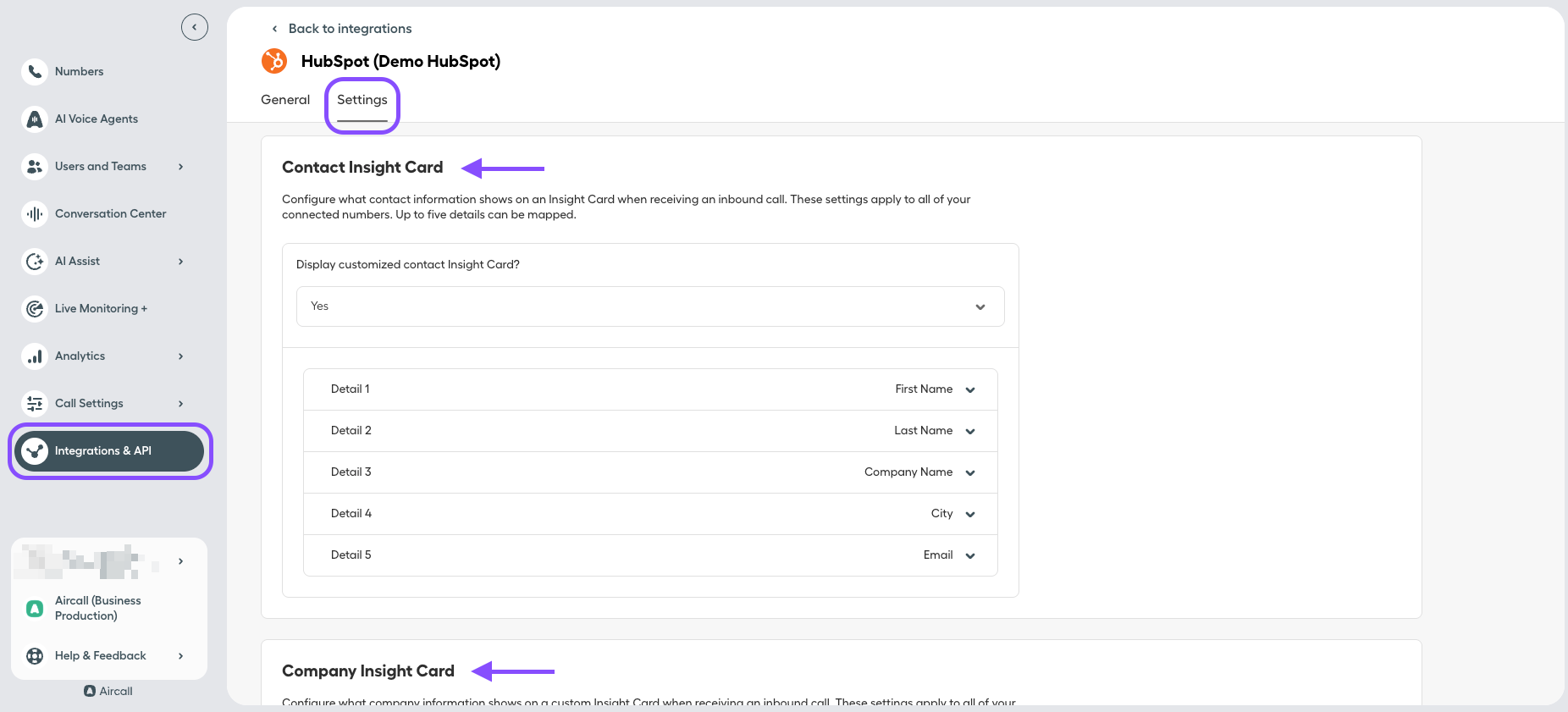 Image showing where to find Hubspot Insight Cards