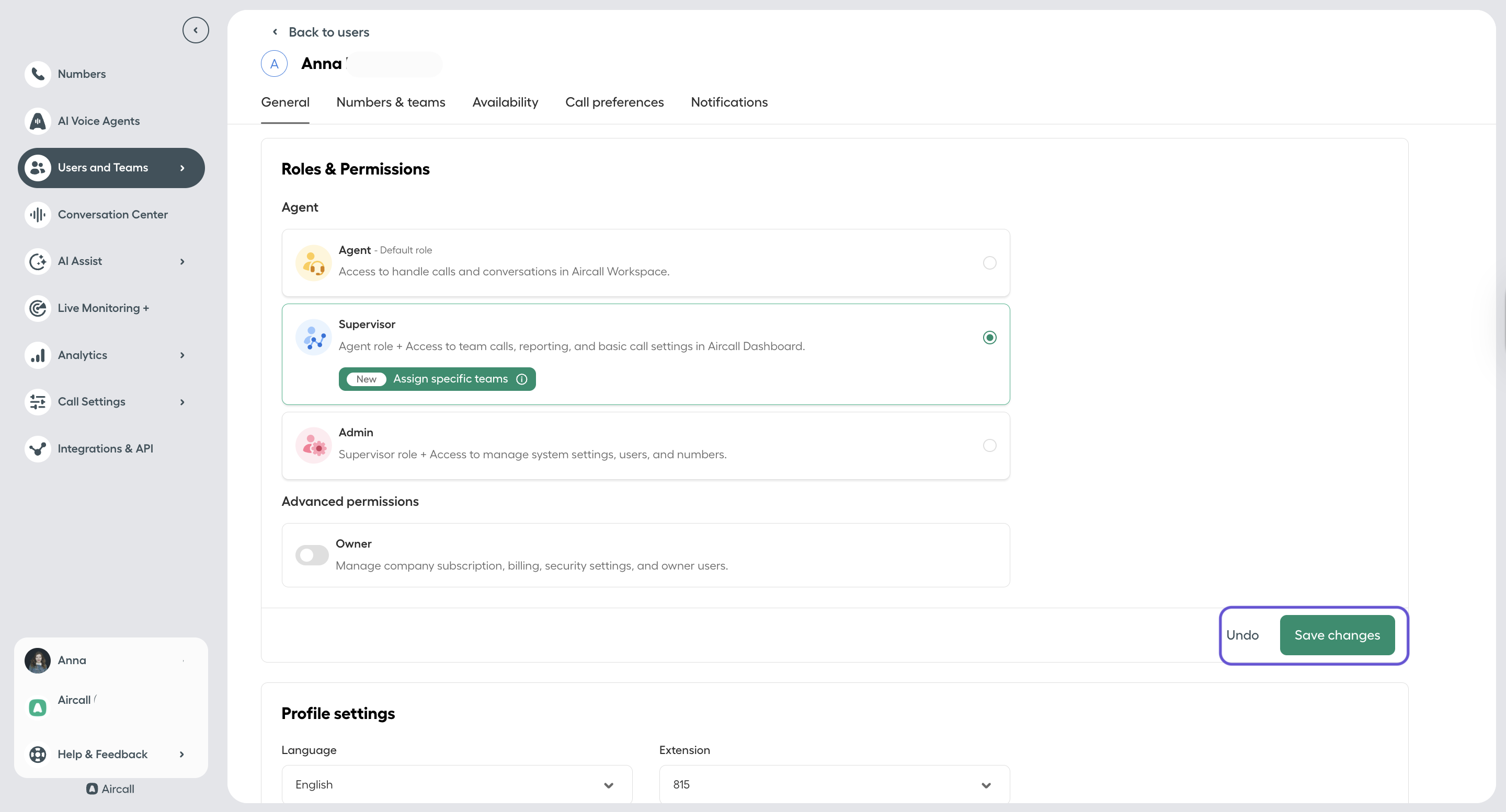 Editar las funciones y los permisos del usuario en el panel de Aircall con la función Supervisor seleccionada y la opción Guardar cambios.png