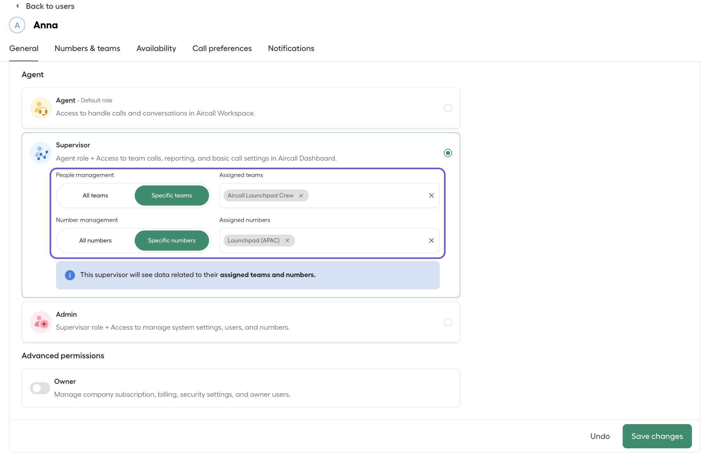 Edit user permissions in the Aircall dashboard with Supervisor role and specific teams and numbers assigned..png