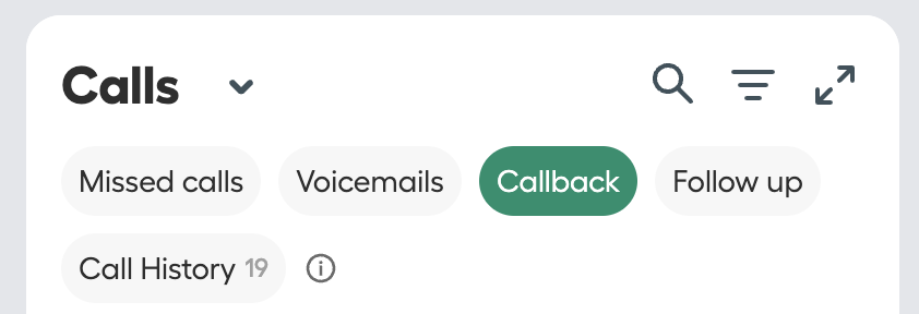 Calls tab in the Aircall dashboard highlighting the Callback filter option.