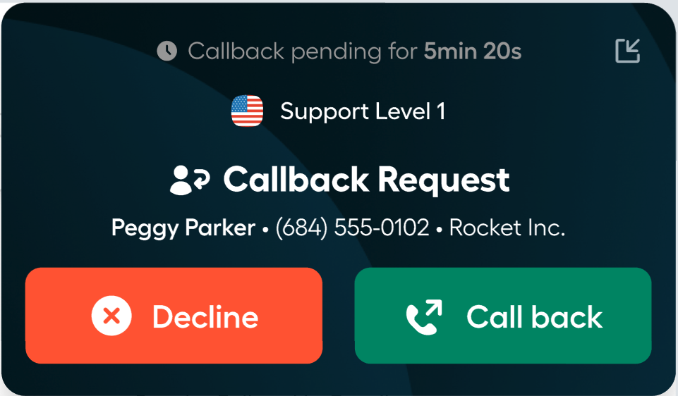 Callback request card in the Aircall dashboard showing caller details and Decline or Call back options.