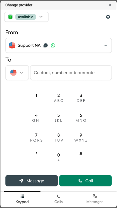 Aircall desktop app keypad showing options to call or message a contact..png