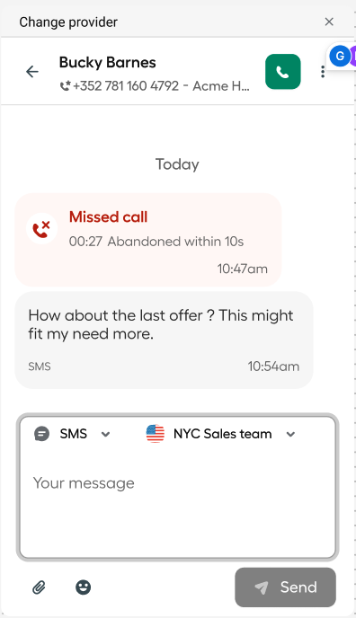 Conversation view in the Aircall desktop app showing missed call details and SMS reply options..png