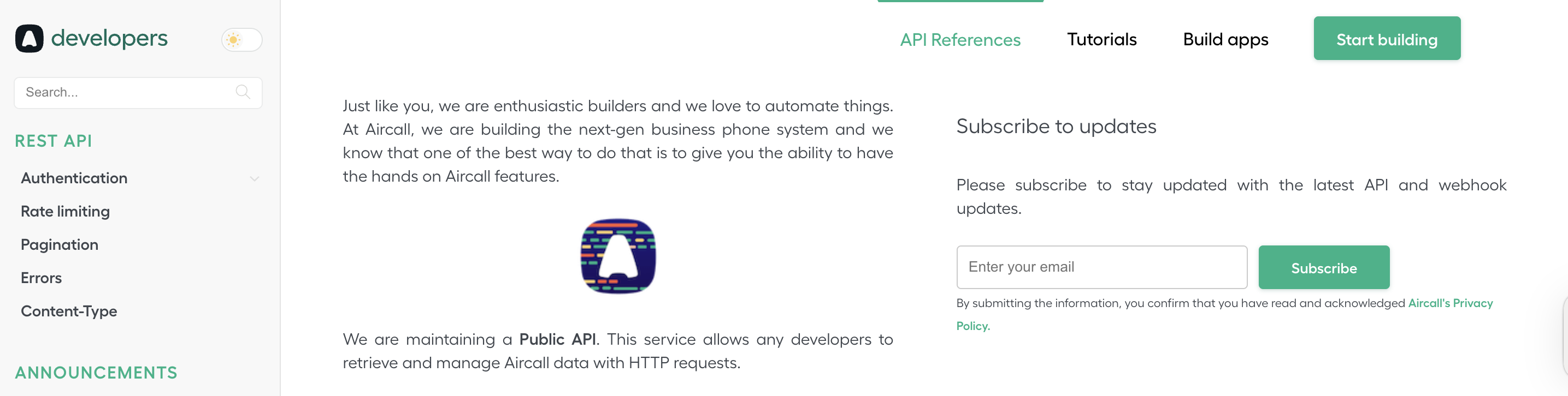 Aircall Developers homepage showing REST API documentation menu with sections like Authentication, Rate limiting, and Pagination, and a main page introducing the Aircall Public API with a subscribe to updates form..png