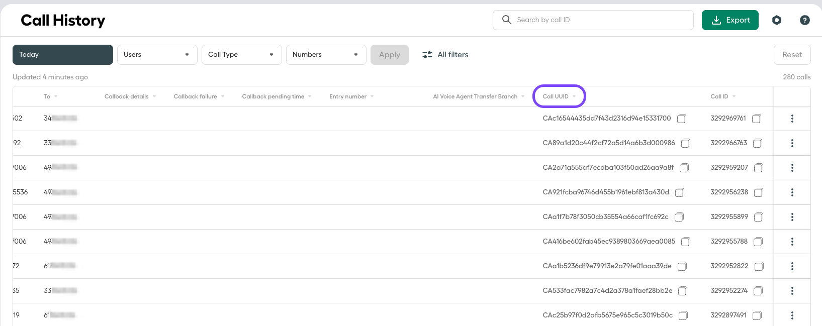 Image showing where to find the Call UID column in Call History