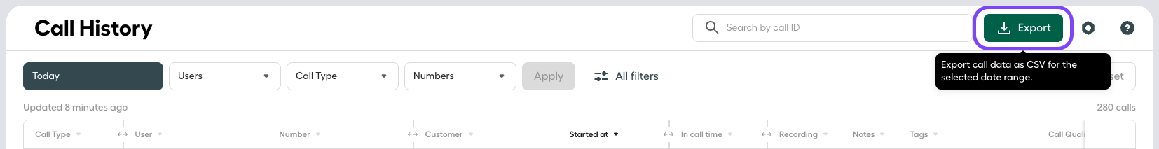 Image showing the Export button in Call History