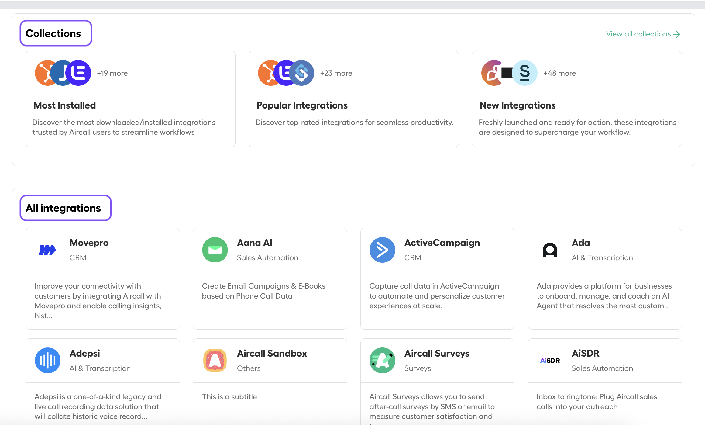 image showing Collection and All integrations sections