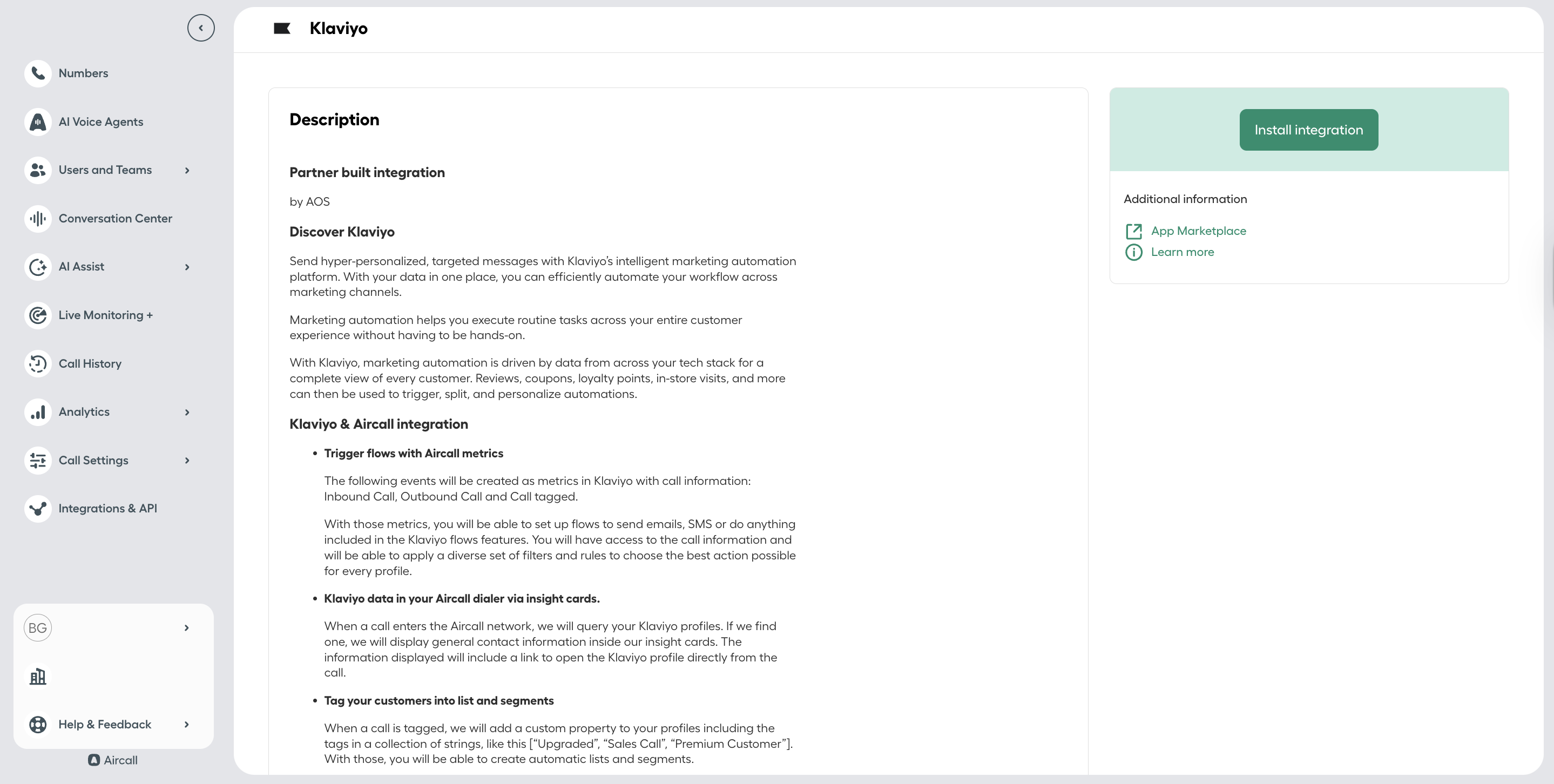 Aircall Klaviyo integration description page showing details about the integration, including partner information, features like triggering flows with Aircall metrics, displaying Klaviyo data in insight cards, and tagging customers into lists and segments..png