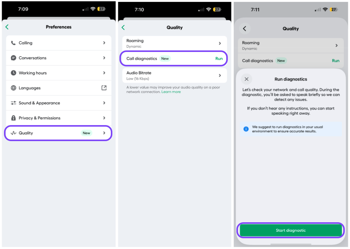 Image showing how to access call diagnostics from the settings menu