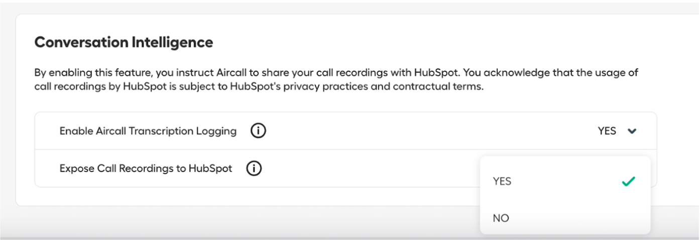 Image showing how to turn on Aircall Transcript if you have AI assist