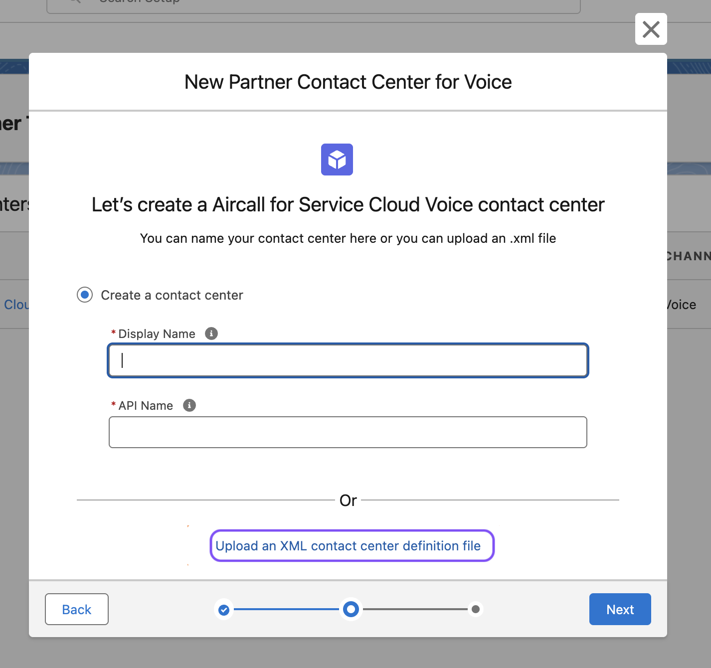 Image showing the Upload an XML contact center definition file button
