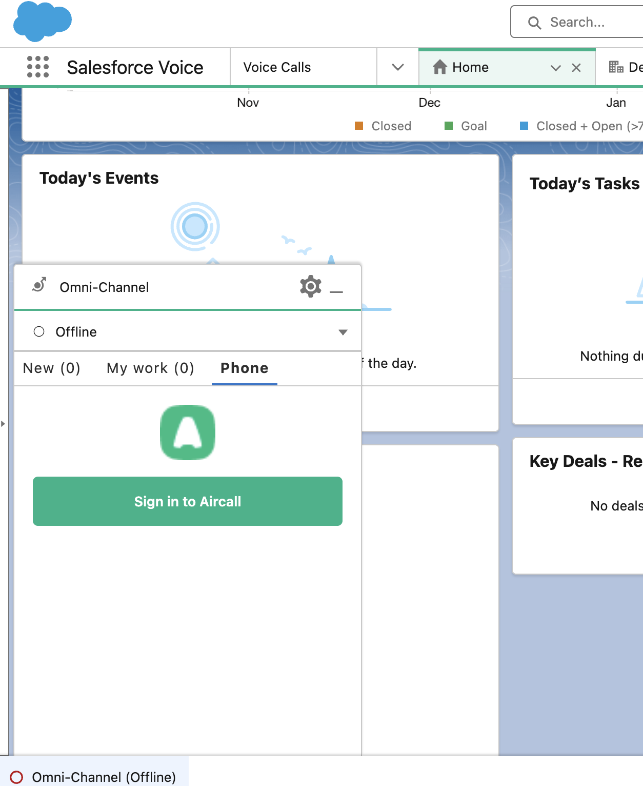 Image showing the Aircall Login button in the Omni-channel utility available from the bottom bar