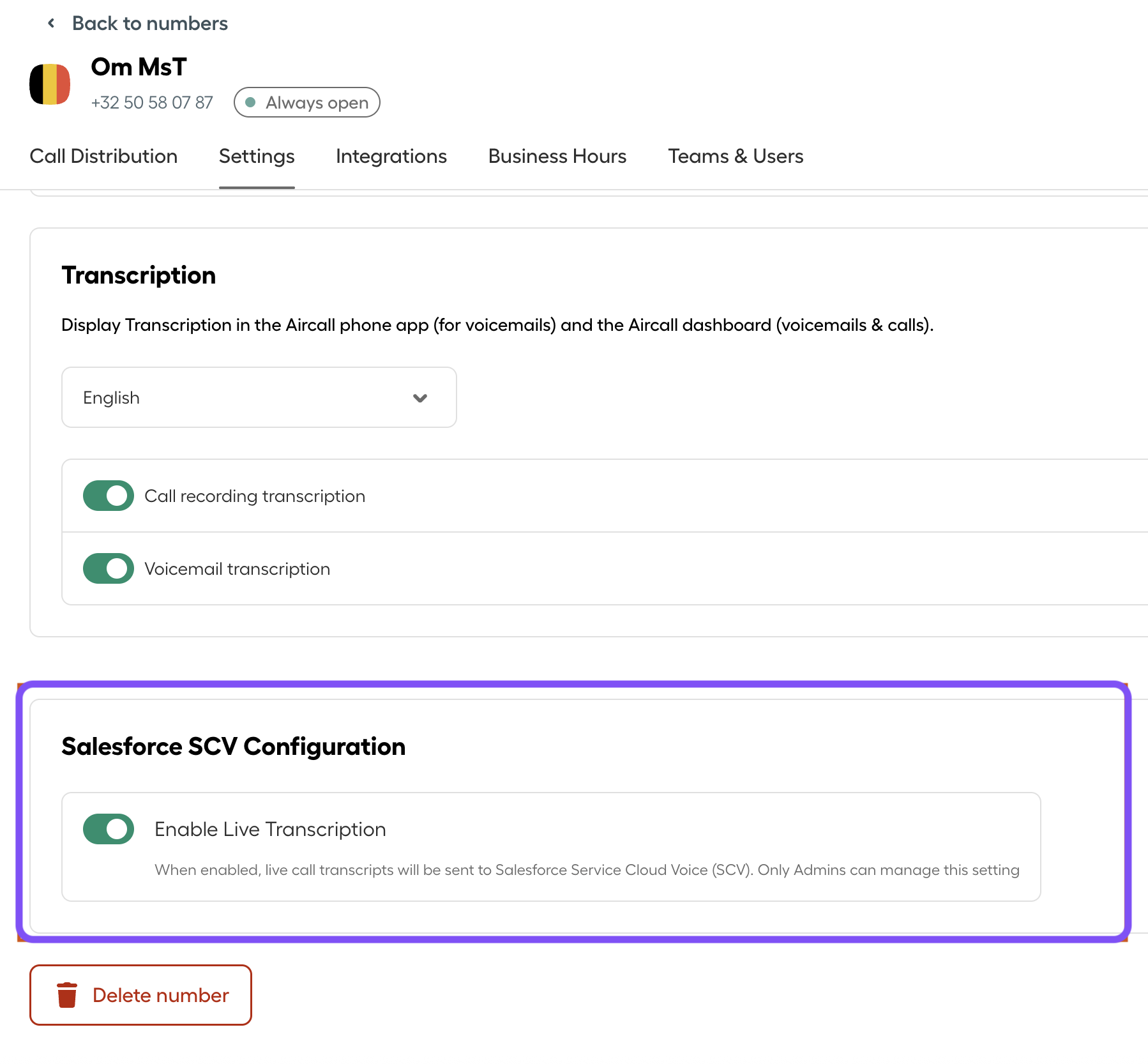 Image showing Aircall dashboard steps for real-time transcription