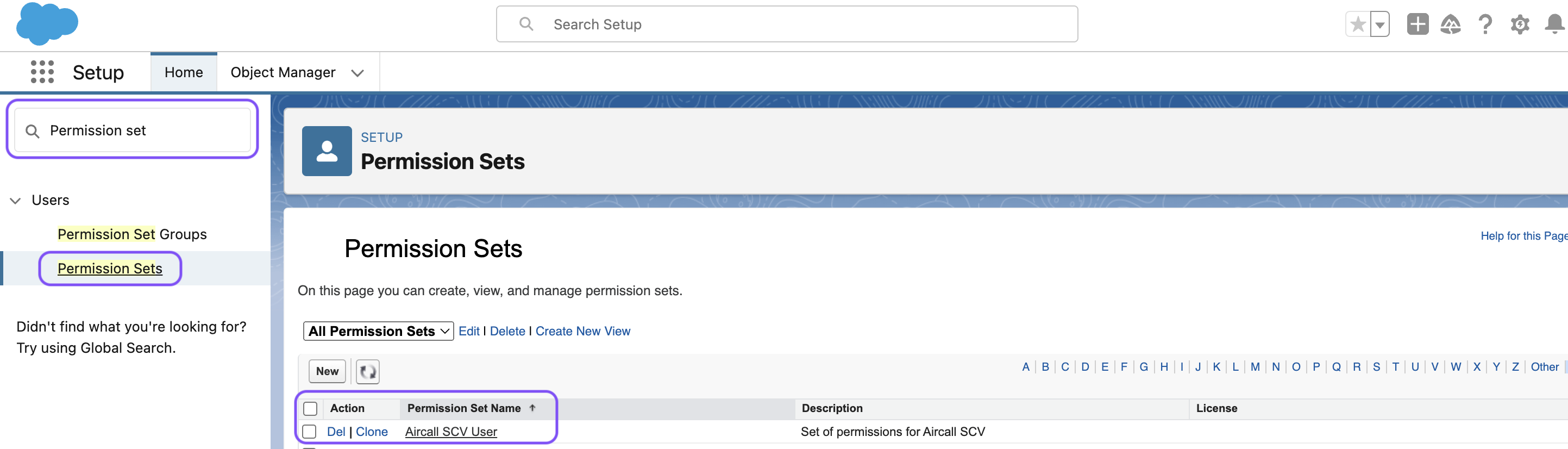 Image showing where to find the Aircall SCV User permission set and the clone button