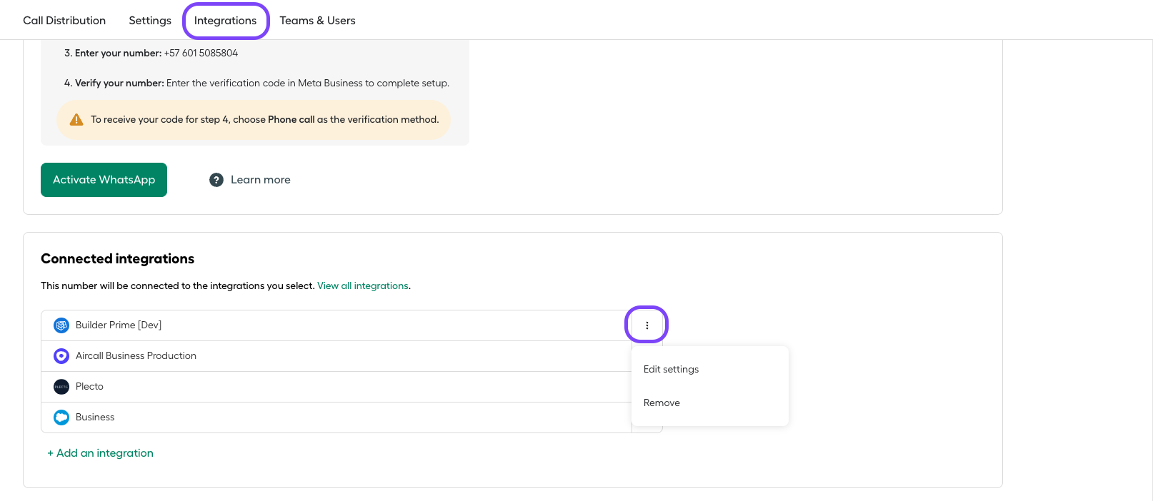 Image showing how to access Integrations from the Numbers section