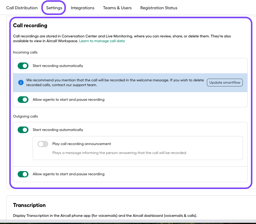 Image showing the call recording settings