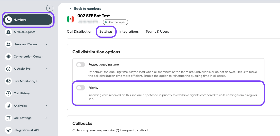 Image showing where to find the priority line feature for number configuration