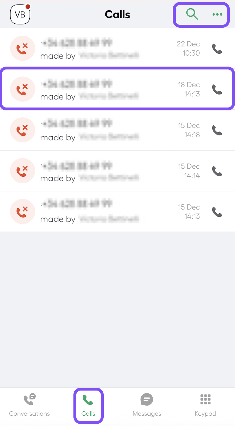 image showing call view