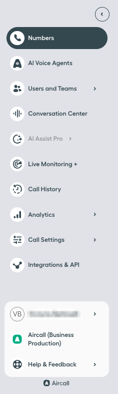 Imagen que muestra el menú lateral del Aircall Dashboard