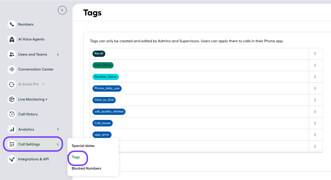 Image showing how to access tags settings section