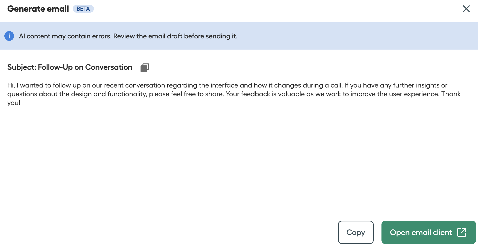 Image showing the generate email window with the open email ticket button