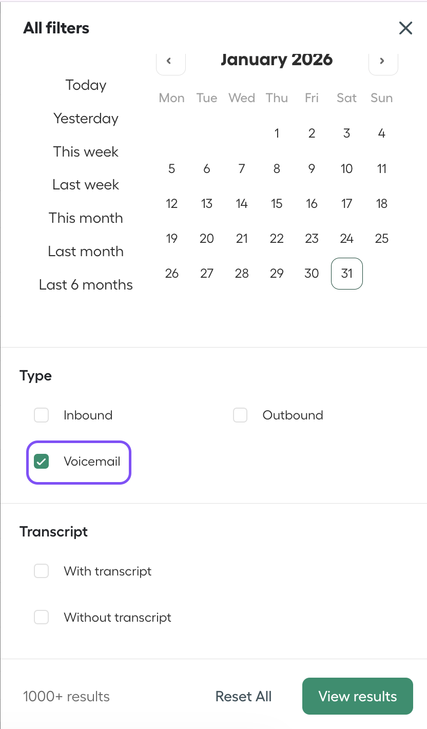 image showing the voicemail filter