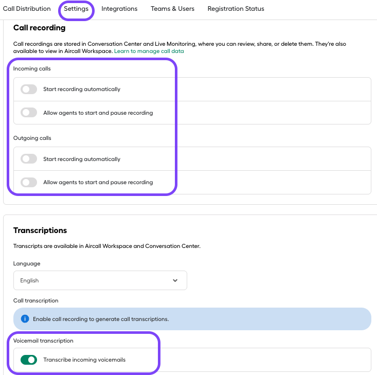 Image montrant les options d’enregistrement des appels et de transcription