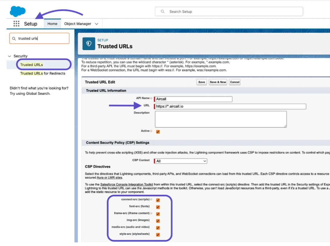 Image showing trusted URLs settings