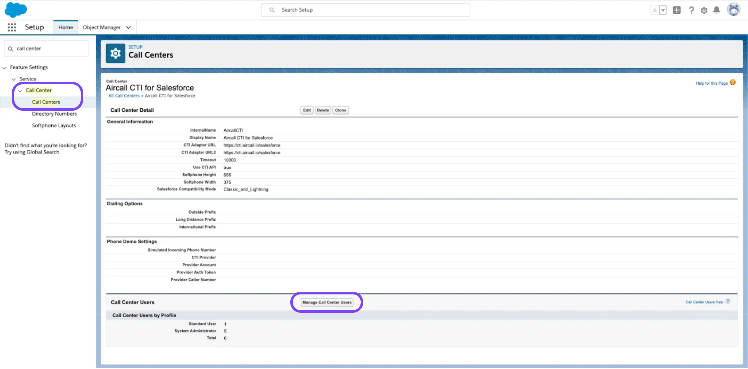 Image showing where to find the Manage call center button