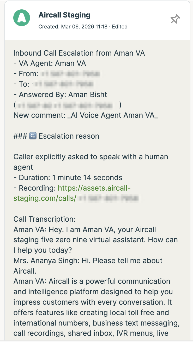transfer answered logging
