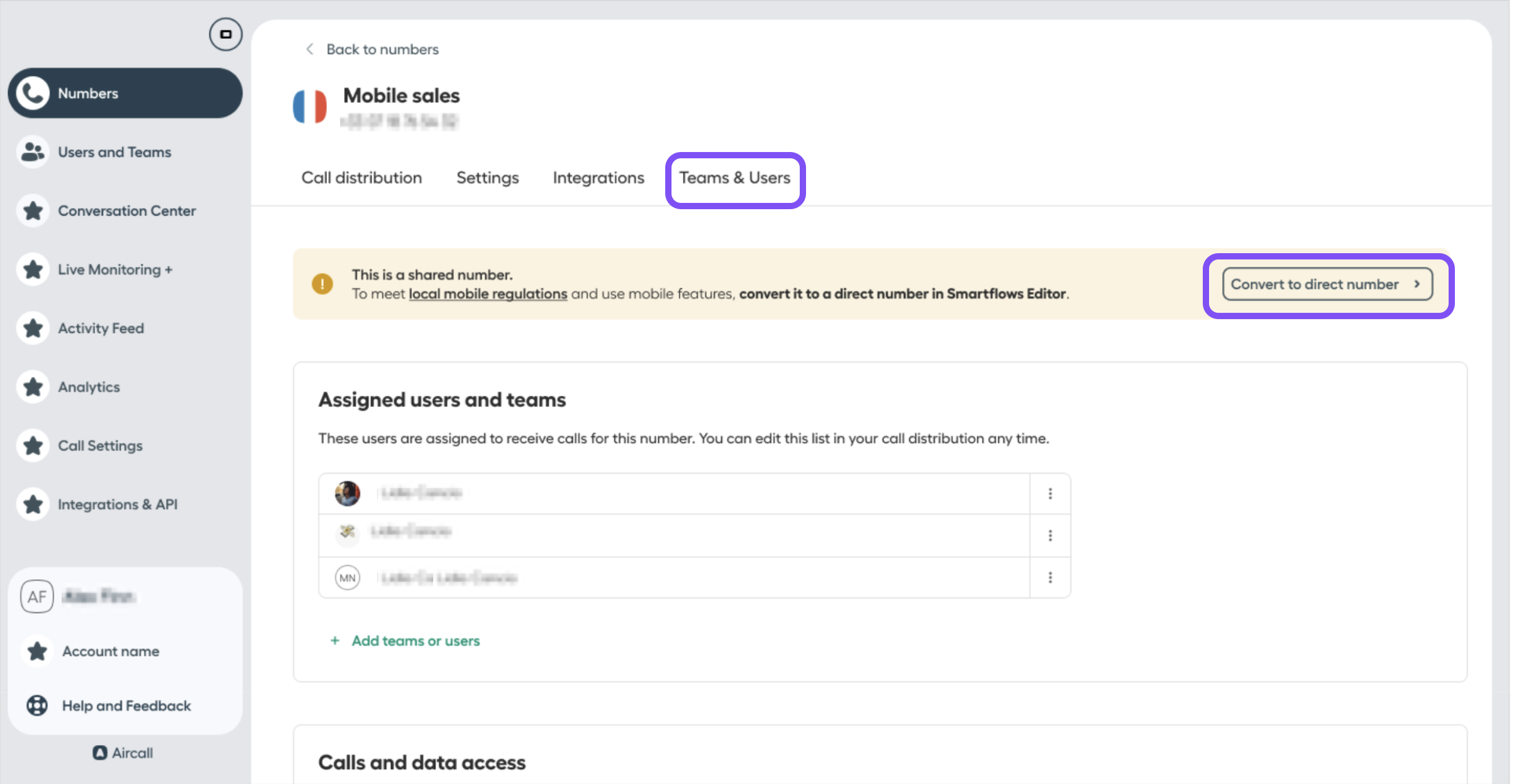 convert to direct number under Team & users