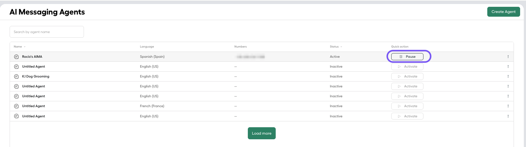 Image showing the pause button under the quick action column