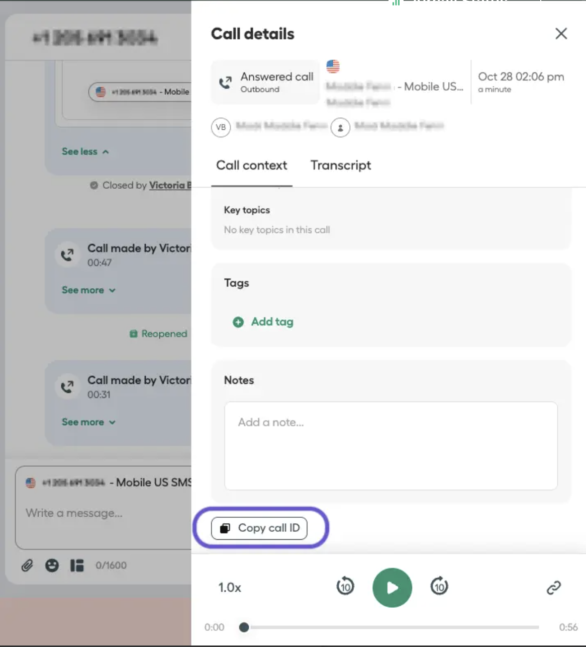 Image showing copy call ID button